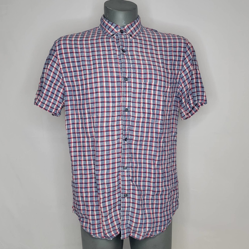 NWOT Banana Republic Camden Standard Fit Check 100% Linen Long Sleeve Blue Red L